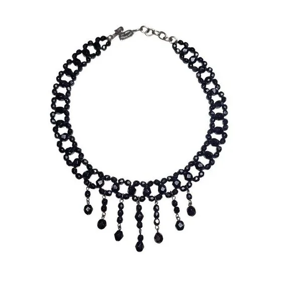 Goth Victorian Firenze Italy Black Glass Beaded Necklace Jean Andre - Picture 6 of 8